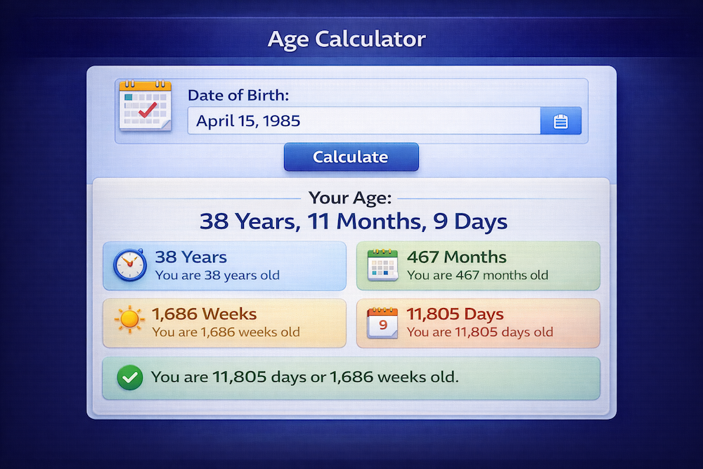 Free online age calculator interface with DOB input and detailed years months days weeks result